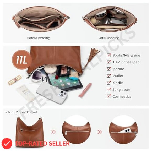 Genuine Leather Hobo Crossbody Bag Soft Slouchy Minimal Chic Classic Style - Picture 5 of 8